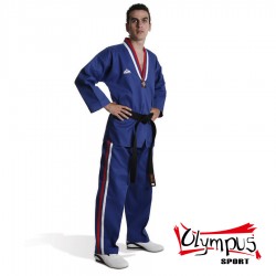 Dobok Taekwondo Olympus DEMONSTRATION albastru cu rosu / Dungi albe Dobok Taekwondo Olympus DEMONSTRATION albastru cu rosu / Dungi albe